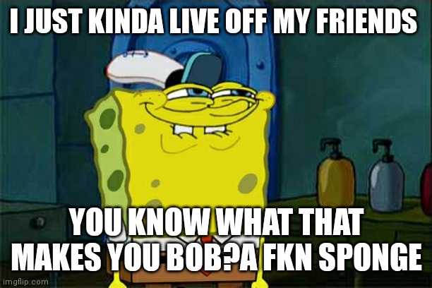 Don't You Squidward Meme | I JUST KINDA LIVE OFF MY FRIENDS; YOU KNOW WHAT THAT MAKES YOU BOB?A FKN SPONGE | image tagged in memes,don't you squidward | made w/ Imgflip meme maker