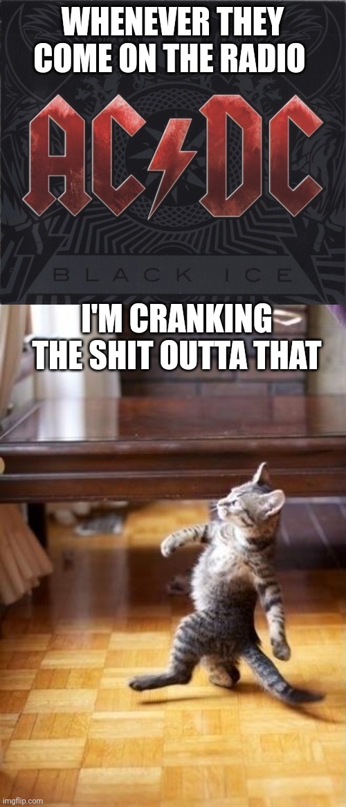 WHENEVER THEY COME ON THE RADIO; I'M CRANKING THE SHIT OUTTA THAT | image tagged in ac/dc,memes,cool cat stroll | made w/ Imgflip meme maker