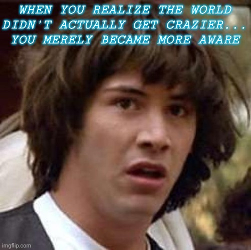 Conspiracy Keanu | WHEN YOU REALIZE THE WORLD DIDN'T ACTUALLY GET CRAZIER... YOU MERELY BECAME MORE AWARE | image tagged in memes,conspiracy keanu | made w/ Imgflip meme maker