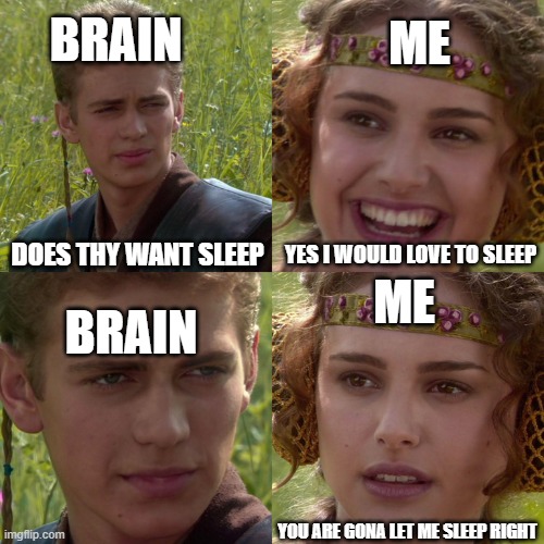 no sleep | BRAIN; ME; DOES THY WANT SLEEP; YES I WOULD LOVE TO SLEEP; ME; BRAIN; YOU ARE GONA LET ME SLEEP RIGHT | image tagged in anakin padme 4 panel | made w/ Imgflip meme maker