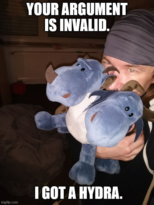 Never challenge the Owner. | YOUR ARGUMENT IS INVALID. I GOT A HYDRA. | image tagged in plushie,selfie,hydra,your argument is invalid,memes with context | made w/ Imgflip meme maker