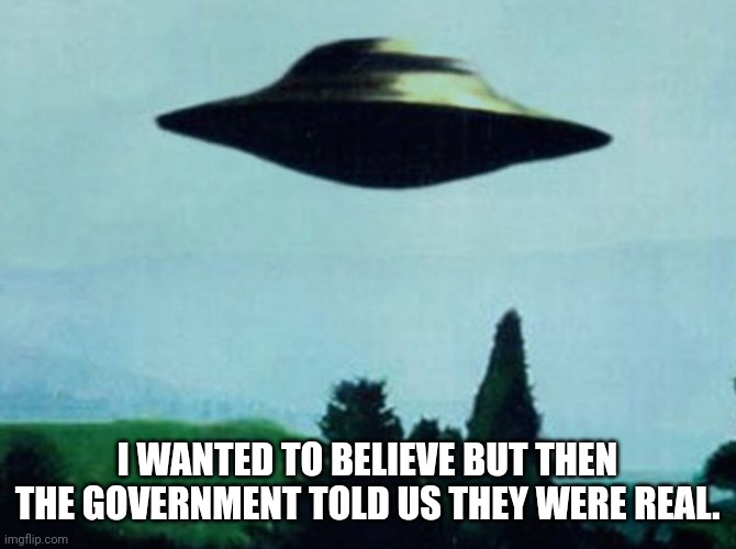 XFiles I want to believe | I WANTED TO BELIEVE BUT THEN THE GOVERNMENT TOLD US THEY WERE REAL. | image tagged in xfiles i want to believe | made w/ Imgflip meme maker
