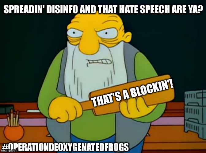 That's a blockin' | SPREADIN' DISINFO AND THAT HATE SPEECH ARE YA? THAT'S A BLOCKIN'! #OPERATIONDEOXYGENATEDFROGS | image tagged in paddlin',politics,political meme,right wing,leftists,twitter | made w/ Imgflip meme maker