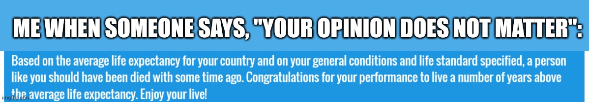 >:( | ME WHEN SOMEONE SAYS, "YOUR OPINION DOES NOT MATTER": | image tagged in you should have died | made w/ Imgflip meme maker