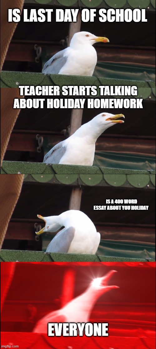 homework | IS LAST DAY OF SCHOOL; TEACHER STARTS TALKING ABOUT HOLIDAY HOMEWORK; IS A 400 WORD ESSAY ABOUT YOU HOLIDAY; EVERYONE | image tagged in memes,inhaling seagull | made w/ Imgflip meme maker