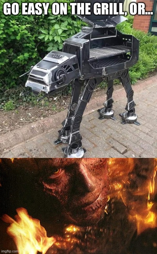 Grilled | GO EASY ON THE GRILL, OR… | image tagged in anakin on fire,grill | made w/ Imgflip meme maker