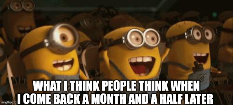 Some people hopefully | WHAT I THINK PEOPLE THINK WHEN I COME BACK A MONTH AND A HALF LATER | image tagged in cheering minions | made w/ Imgflip meme maker