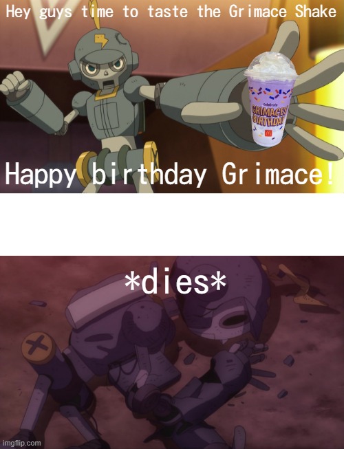 NOOOOOOOOO | Hey guys time to taste the Grimace Shake; Happy birthday Grimace! *dies* | image tagged in clembot,grimace,shake | made w/ Imgflip meme maker