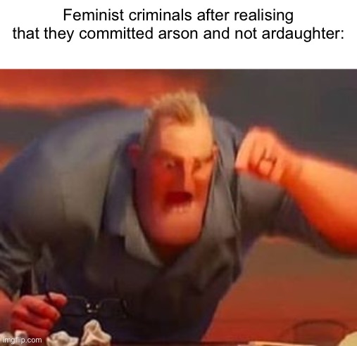 Feminist moment | Feminist criminals after realising that they committed arson and not ardaughter: | image tagged in mr incredible mad | made w/ Imgflip meme maker