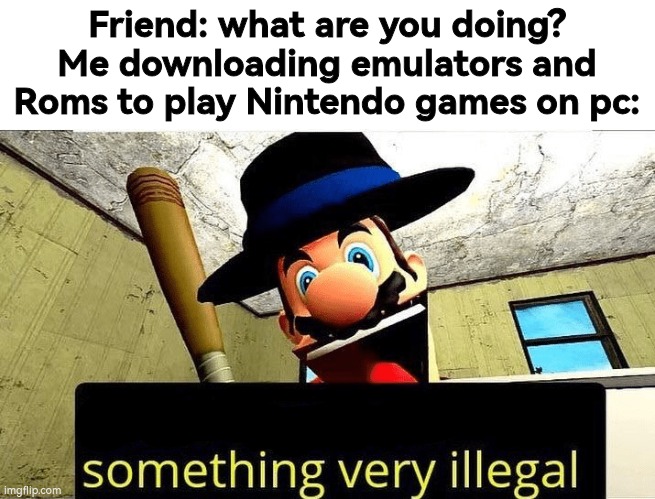 Mario’s gonna do something very illegal | Friend: what are you doing?
Me downloading emulators and Roms to play Nintendo games on pc: | image tagged in mario s gonna do something very illegal | made w/ Imgflip meme maker