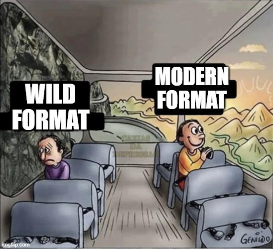 two guys on a bus | MODERN FORMAT; WILD FORMAT | image tagged in two guys on a bus | made w/ Imgflip meme maker