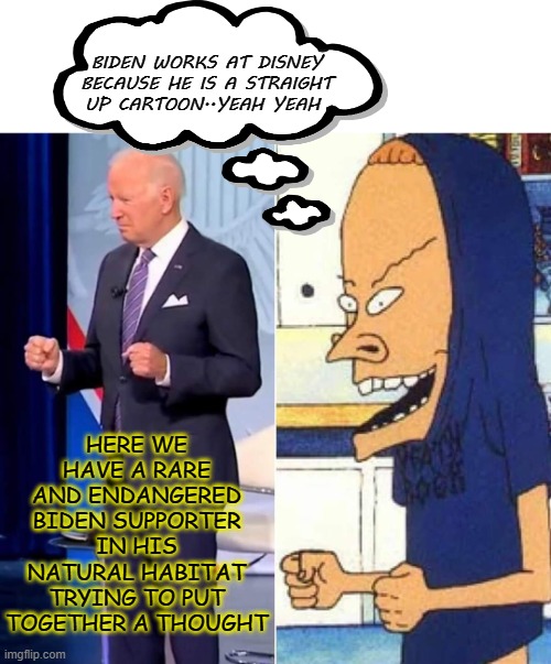 I'm Am The Great Cornholio | BIDEN WORKS AT DISNEY
BECAUSE HE IS A STRAIGHT UP CARTOON..YEAH YEAH; HERE WE HAVE A RARE AND ENDANGERED BIDEN SUPPORTER IN HIS NATURAL HABITAT TRYING TO PUT TOGETHER A THOUGHT | image tagged in cornholio biden,memes,funny,politics,truth | made w/ Imgflip meme maker