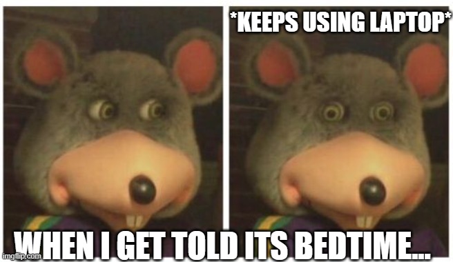when its bedtime!!!!!! | *KEEPS USING LAPTOP*; WHEN I GET TOLD ITS BEDTIME... | image tagged in chuck e cheese stare | made w/ Imgflip meme maker