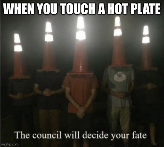 legit | WHEN YOU TOUCH A HOT PLATE | image tagged in the council will decide your fate | made w/ Imgflip meme maker