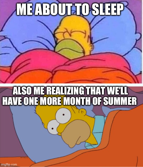 The pain | ME ABOUT TO SLEEP; ALSO ME REALIZING THAT WE’LL HAVE ONE MORE MONTH OF SUMMER | image tagged in homer sleeping vs can't sleep | made w/ Imgflip meme maker