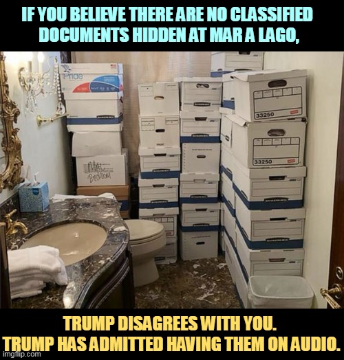 Out of his own mouth. | IF YOU BELIEVE THERE ARE NO CLASSIFIED 
DOCUMENTS HIDDEN AT MAR A LAGO, TRUMP DISAGREES WITH YOU. 
TRUMP HAS ADMITTED HAVING THEM ON AUDIO. | image tagged in secret classified nuclear military documents mar a lago bathroom,trump,mar a lago,audio,evidence,confession | made w/ Imgflip meme maker