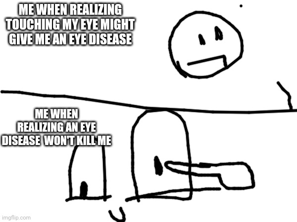 I love touching my eye | ME WHEN REALIZING TOUCHING MY EYE MIGHT GIVE ME AN EYE DISEASE; ME WHEN REALIZING AN EYE DISEASE  WON'T KILL ME | image tagged in eye,disease,lets try a high voice,happy happy happy | made w/ Imgflip meme maker