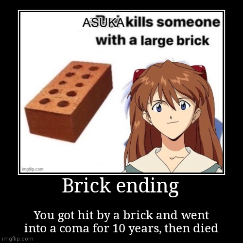 Brick ending | You got hit by a brick and went into a coma for 10 years, then died | image tagged in funny,demotivationals | made w/ Imgflip demotivational maker