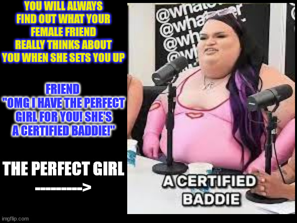 The perfect girl | YOU WILL ALWAYS FIND OUT WHAT YOUR FEMALE FRIEND REALLY THINKS ABOUT YOU WHEN SHE SETS YOU UP; FRIEND 
"OMG I HAVE THE PERFECT GIRL FOR YOU! SHE'S A CERTIFIED BADDIE!"; THE PERFECT GIRL
---------> | image tagged in bad girls,big girl | made w/ Imgflip meme maker