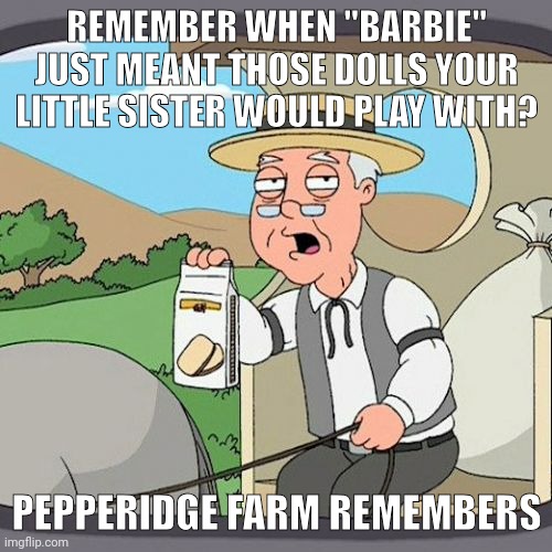 Pepperidge Farm remembers | REMEMBER WHEN "BARBIE" JUST MEANT THOSE DOLLS YOUR LITTLE SISTER WOULD PLAY WITH? PEPPERIDGE FARM REMEMBERS | image tagged in memes,pepperidge farm remembers,funny,barbie,old,idk | made w/ Imgflip meme maker