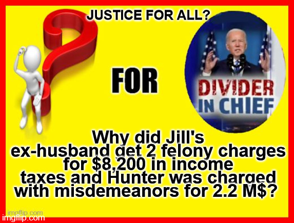 joe and hunter Biden | JUSTICE FOR ALL? Why did Jill's ex-husband get 2 felony charges for $8,200 in income taxes and Hunter was charged with misdemeanors for 2.2 M$? | image tagged in hunter taxes,biden crime family,jill biden,joe biden,justice for all,income taxes bieden | made w/ Imgflip meme maker