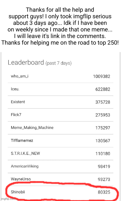 IM NOT GONNA LET YOU WIN STRIKE! | Thanks for all the help and support guys! I only took imgflip serious about 3 days ago... Idk if I have been on weekly since I made that one meme... I will leave it's link in the comments. Thanks for helping me on the road to top 250! | image tagged in thank you,points,yay,weekly,top 250,yayaya | made w/ Imgflip meme maker