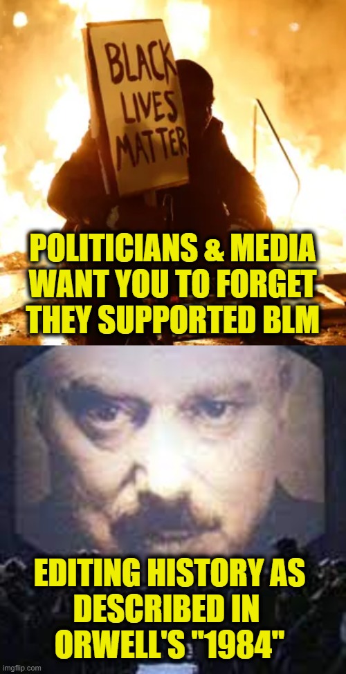 It's easy to forget | POLITICIANS & MEDIA
WANT YOU TO FORGET
THEY SUPPORTED BLM; EDITING HISTORY AS
DESCRIBED IN 
ORWELL'S "1984" | image tagged in orwellian | made w/ Imgflip meme maker
