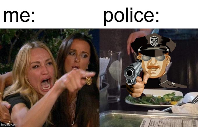 screaming lady ponting at cat | me:; police: | image tagged in memes,woman yelling at cat | made w/ Imgflip meme maker