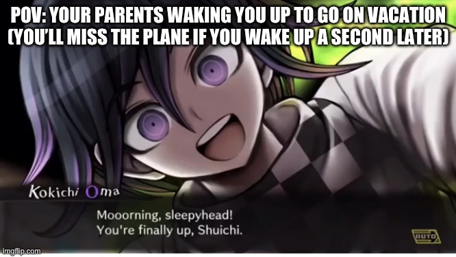 Morning temp | POV: YOUR PARENTS WAKING YOU UP TO GO ON VACATION (YOU’LL MISS THE PLANE IF YOU WAKE UP A SECOND LATER) | image tagged in morning temp | made w/ Imgflip meme maker