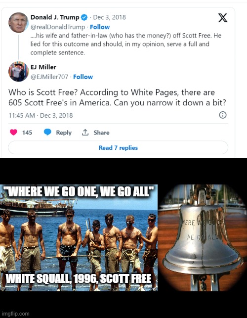 Meta Tweets | "WHERE WE GO ONE, WE GO ALL"; WHITE SQUALL, 1996, SCOTT FREE | image tagged in scott free | made w/ Imgflip meme maker