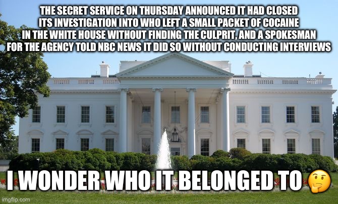 I mean, it’s the home of the POTUS and his family so… | THE SECRET SERVICE ON THURSDAY ANNOUNCED IT HAD CLOSED ITS INVESTIGATION INTO WHO LEFT A SMALL PACKET OF COCAINE IN THE WHITE HOUSE WITHOUT FINDING THE CULPRIT, AND A SPOKESMAN FOR THE AGENCY TOLD NBC NEWS IT DID SO WITHOUT CONDUCTING INTERVIEWS; I WONDER WHO IT BELONGED TO 🤔 | image tagged in white house | made w/ Imgflip meme maker