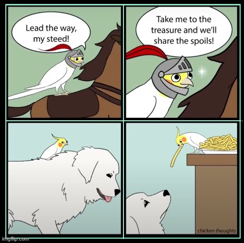 Food is the Treasure of Animals | image tagged in cockatoo,vince vance,dogs,birds,comics/cartoons,french fries | made w/ Imgflip meme maker