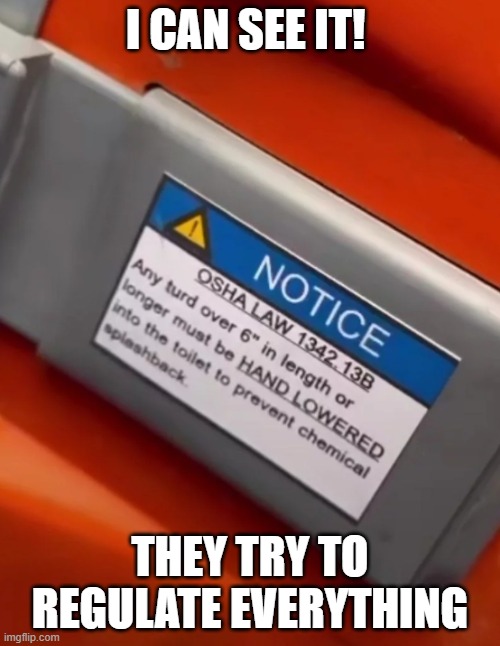 over regulation | I CAN SEE IT! THEY TRY TO REGULATE EVERYTHING | image tagged in toilet,toilet humor,airplane,airplanes,porta potty,potty humor | made w/ Imgflip meme maker