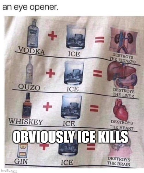 fun with alcohol | OBVIOUSLY ICE KILLS | image tagged in ice,alcohol | made w/ Imgflip meme maker