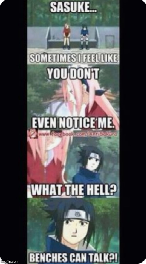 in Naruto, anything is possible. Even SAKURA TALKING | image tagged in naruto,sakura,sasuke,funny,bench,anime | made w/ Imgflip meme maker