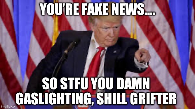 YOU’RE FAKE NEWS…. SO STFU YOU DAMN GASLIGHTING, SHILL GRIFTER | image tagged in donald trump,republicans,maga,cnn fake news | made w/ Imgflip meme maker