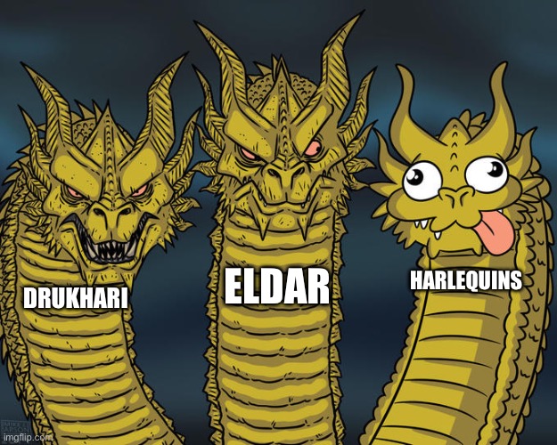 Three-headed Dragon | ELDAR; HARLEQUINS; DRUKHARI | image tagged in three-headed dragon | made w/ Imgflip meme maker