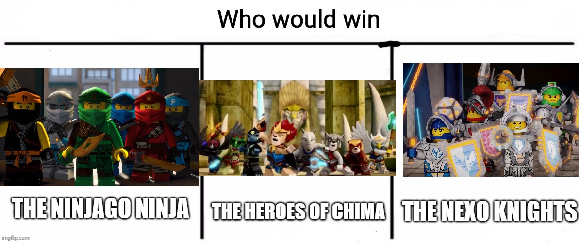 Seriously who would win | THE NINJAGO NINJA; THE HEROES OF CHIMA; THE NEXO KNIGHTS | image tagged in 3x who would win,ninjago,legends of chima,nexo knights | made w/ Imgflip meme maker