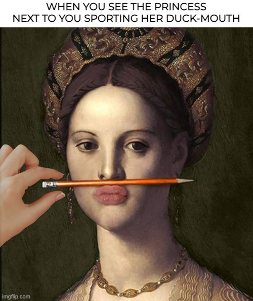 *gigglies oink* | WHEN YOU SEE THE PRINCESS NEXT TO YOU SPORTING HER DUCK-MOUTH | image tagged in funny | made w/ Imgflip meme maker