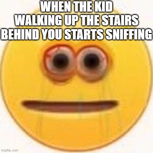 That's a bit SUSpicious | WHEN THE KID WALKING UP THE STAIRS BEHIND YOU STARTS SNIFFING | image tagged in cursed emoji,lol so funny,sus,ayo | made w/ Imgflip meme maker