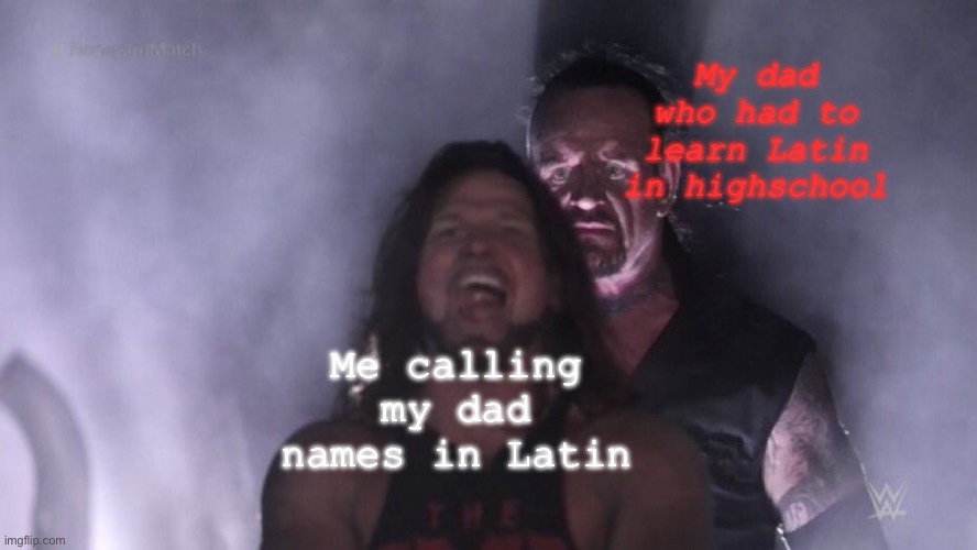 I’m dead!!! | My dad who had to learn Latin in highschool; Me calling my dad names in Latin | image tagged in aj styles undertaker,memes | made w/ Imgflip meme maker