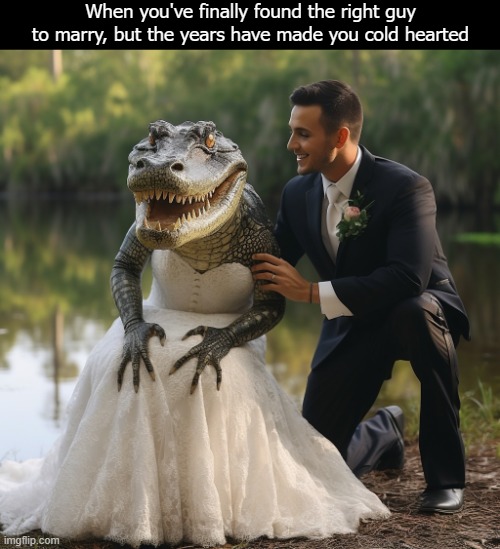 When you've finally found the right guy to marry, but the years have made you cold hearted | image tagged in funny,ai art,ai | made w/ Imgflip meme maker