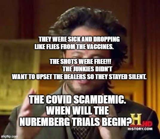 Science guy | THEY WERE SICK AND DROPPING LIKE FLIES FROM THE VACCINES.                                                              
  THE SHOTS WERE FREE!!!               THE JUNKIES DIDN'T WANT TO UPSET THE DEALERS SO THEY STAYED SILENT. THE COVID SCAMDEMIC. WHEN WILL THE NUREMBERG TRIALS BEGIN? | image tagged in science guy | made w/ Imgflip meme maker