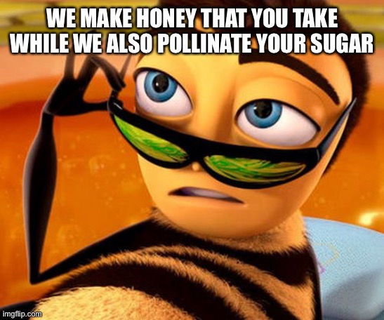 I thought abt this in the shower | WE MAKE HONEY THAT YOU TAKE WHILE WE ALSO POLLINATE YOUR SUGAR | image tagged in bee movie | made w/ Imgflip meme maker