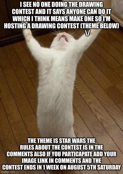 Contest | I SEE NO ONE DOING THE DRAWING CONTEST AND IT SAYS ANYONE CAN DO IT WHICH I THINK MEANS MAKE ONE SO I'M HOSTING A DRAWING CONTEST (THEME BELOW)
                                              \/; THE THEME IS STAR WARS THE RULES ABOUT THE CONTEST IS IN THE COMMENTS ALSO IF YOU PARTICAPATE ADD YOUR IMAGE LINK IN COMMENTS AND THE CONTEST ENDS IN 1 WEEK ON AUGUST 5TH SATURDAY | image tagged in hooray cat | made w/ Imgflip meme maker