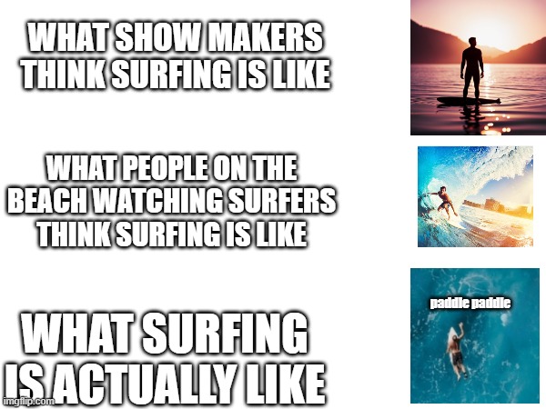 What people think surfing is like | WHAT SHOW MAKERS THINK SURFING IS LIKE; WHAT PEOPLE ON THE BEACH WATCHING SURFERS THINK SURFING IS LIKE; paddle paddle; WHAT SURFING IS ACTUALLY LIKE | image tagged in memes | made w/ Imgflip meme maker