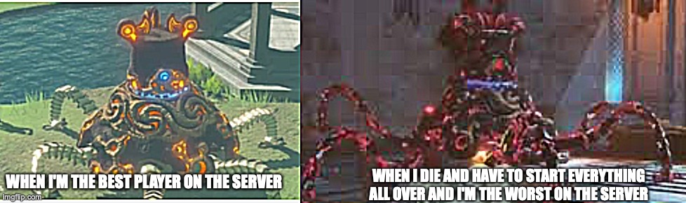 AoC Guardian Meme | WHEN I DIE AND HAVE TO START EVERYTHING ALL OVER AND I'M THE WORST ON THE SERVER; WHEN I'M THE BEST PLAYER ON THE SERVER | image tagged in zelda,guardian | made w/ Imgflip meme maker