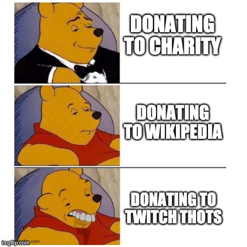 Finally uploading old memes #23 | image tagged in tuxedo winnie the pooh,winnie the pooh,donations | made w/ Imgflip meme maker