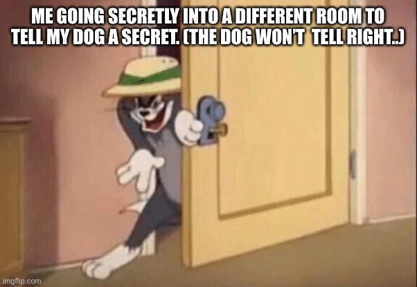 Tom cat evil | ME GOING SECRETLY INTO A DIFFERENT ROOM TO TELL MY DOG A SECRET. (THE DOG WON’T  TELL RIGHT..) | image tagged in memes,funny,front page plz,tom sneaking | made w/ Imgflip meme maker