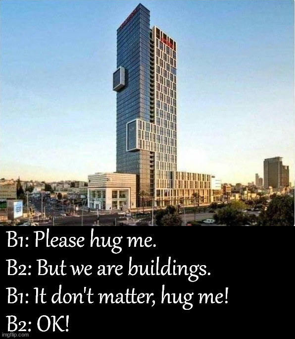 Forbidden love | B1: Please hug me.
B2: But we are buildings.
B1: It don't matter, hug me!
B2: OK! | image tagged in building,totally looks like,hugs | made w/ Imgflip meme maker